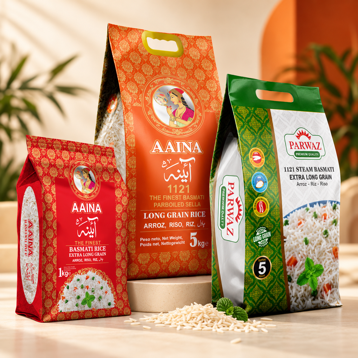 Selección de arroz Aaina y Parwaz en una composición de productos