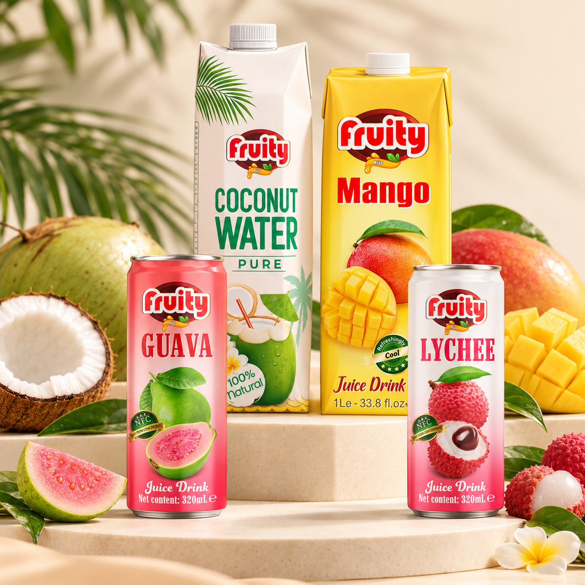 Selección de bebidas Fruity en latas y envases de cartón