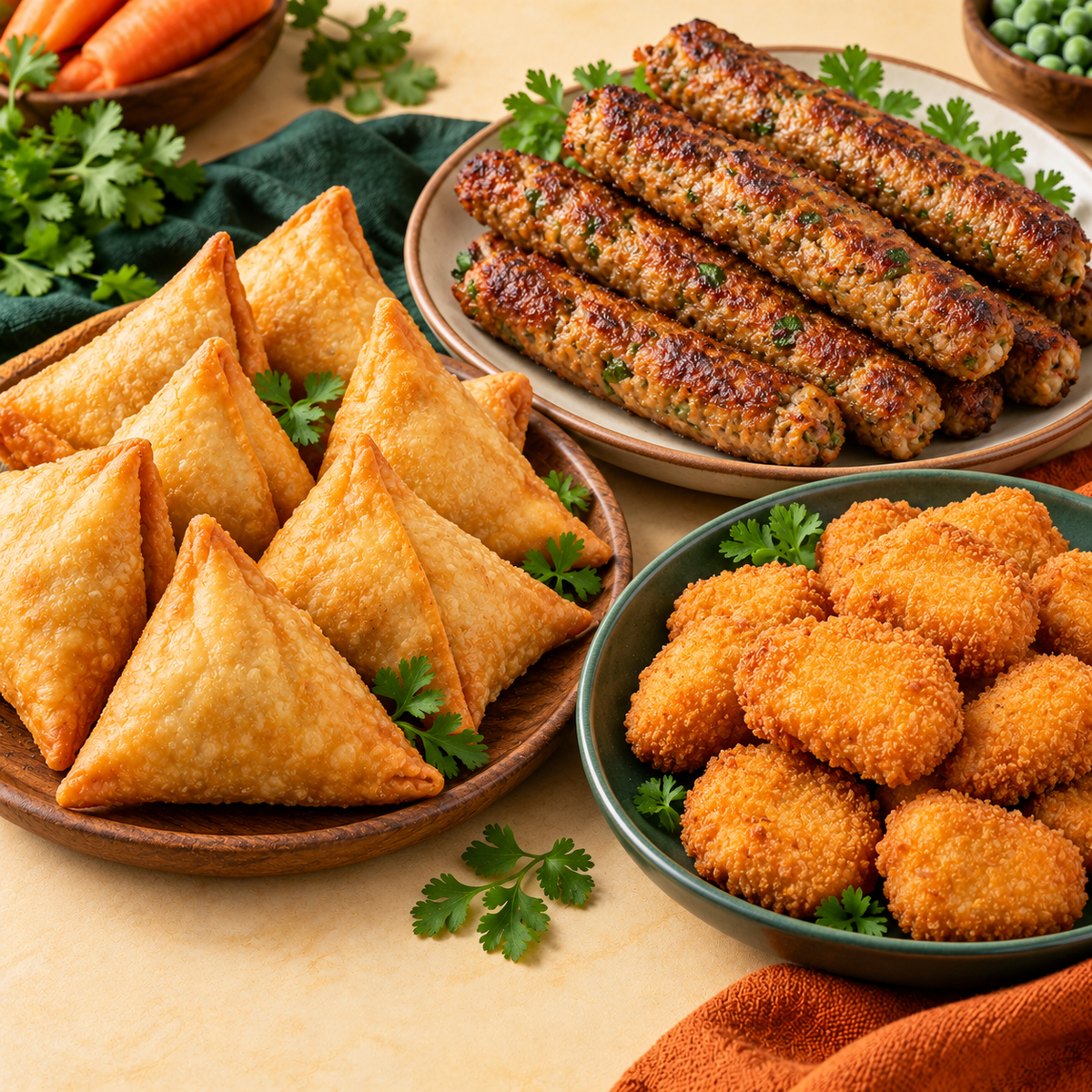 Seekh kebab, nuggets y samosas sin efecto de escarcha