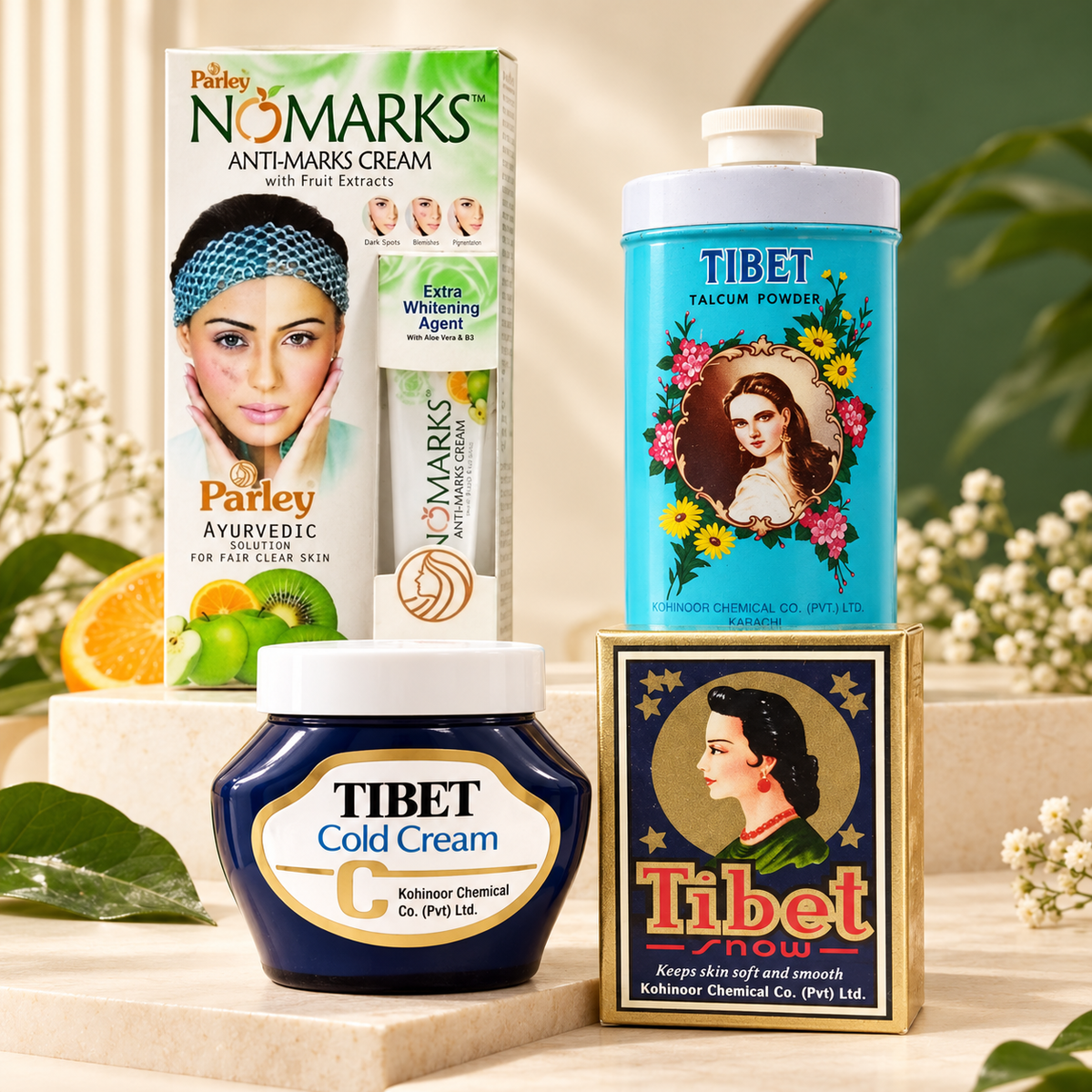 Selección de cosmética Parley y Tibet en una composición de productos