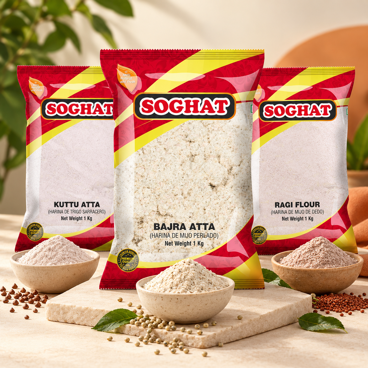 Selección de harinas Soghat Bajra, Kuttu y Ragi