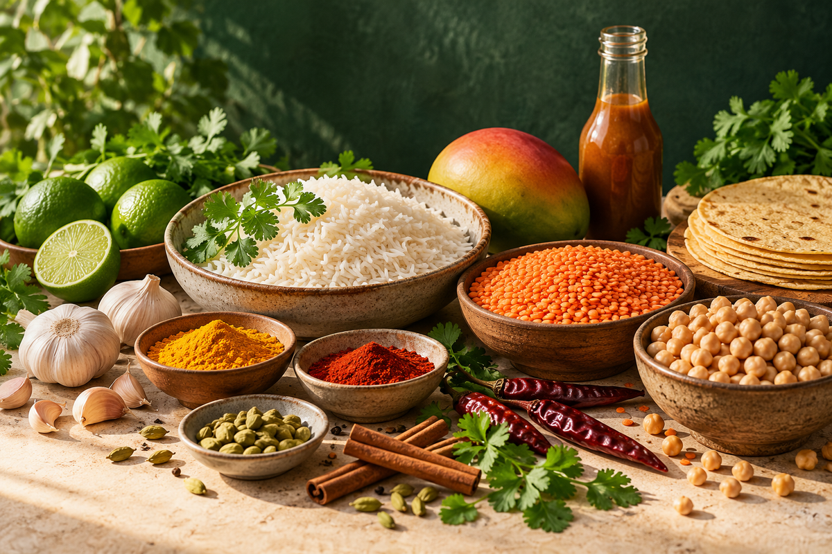 Arroz, legumbres, especias, mango y otros ingredientes de las cocinas del mundo