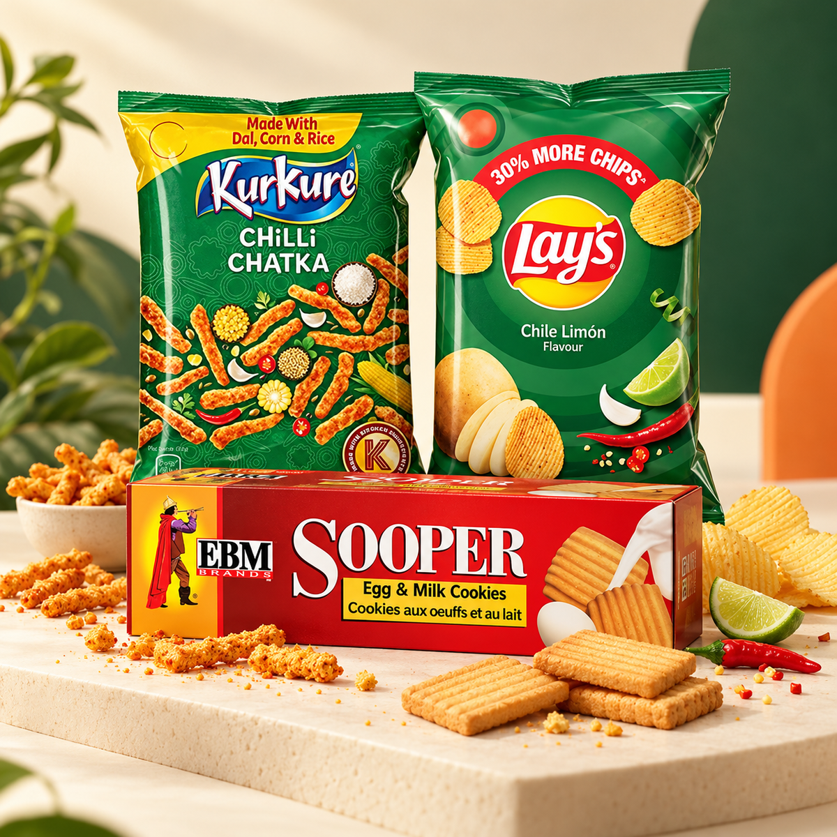 Selección de Kurkure, Lay’s y galletas Sooper en una composición de productos